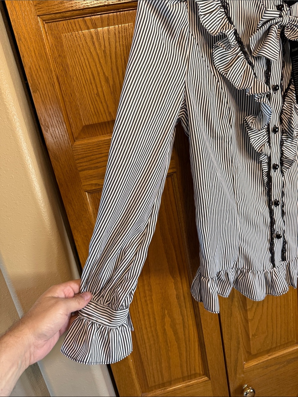 Victorian-Inspired Black & White Stripe Ruffle Button-Down Blouse- Medium-NWT - Picture 8 of 16